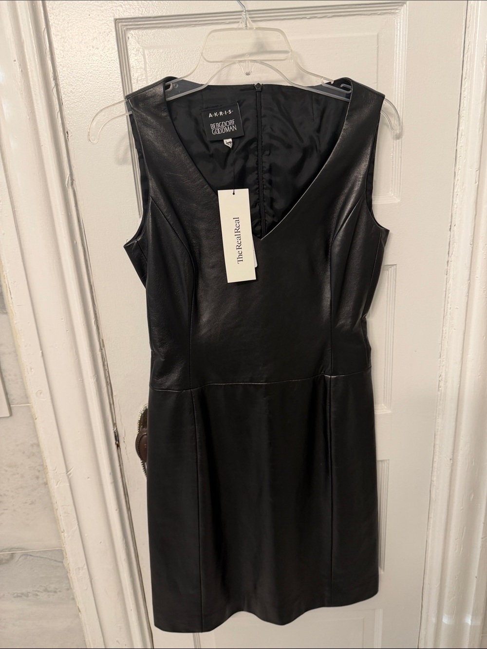 Akris Black Leather V-Neck Sheath Mini Dress